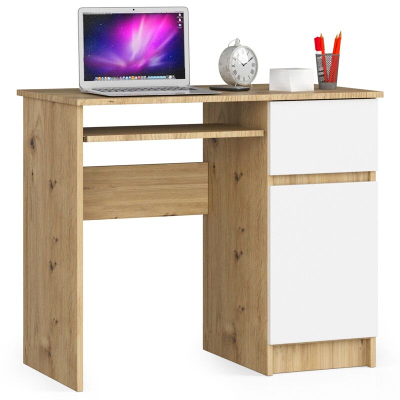 foto del prodotto akord scrivania per computer piksel quercia artisan 90 cm 1 anta 1 cassetto inserto frontale bianco 90x50x77 cm modello a destra