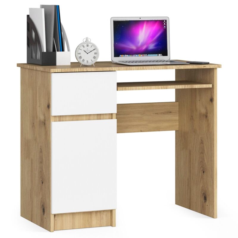foto del prodotto akord scrivania per computer piksel quercia artisan 90 cm 1 anta 1 cassetto inserto frontale bianco 90x50x77 cm modello a sinistra