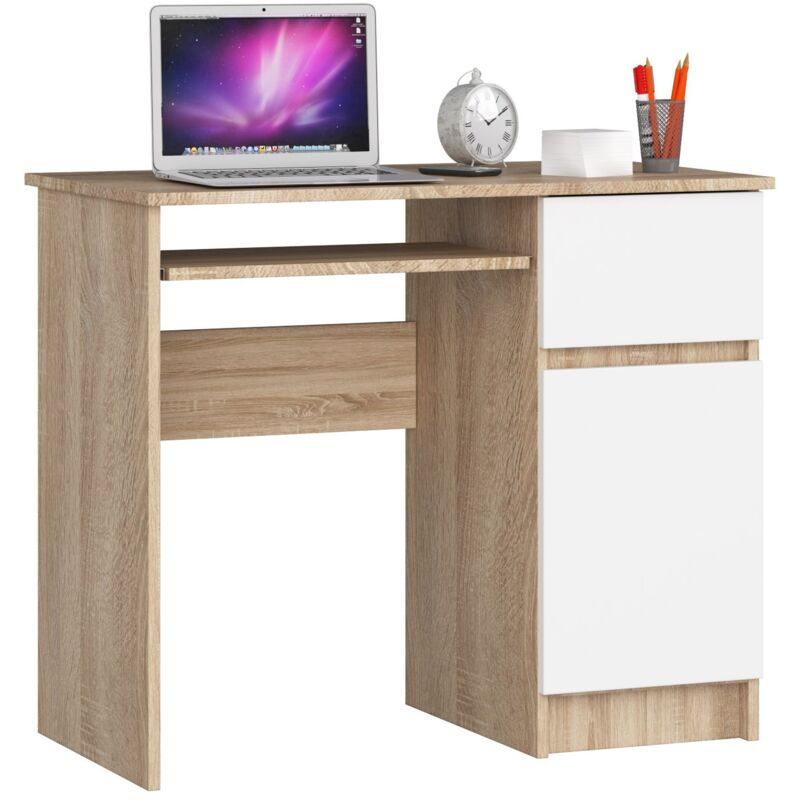 foto del prodotto akord scrivania per computer piksel sonoma quercia 90 cm 1 anta 1 cassetto inserto frontale bianco 90x50x77 cm modello a destra