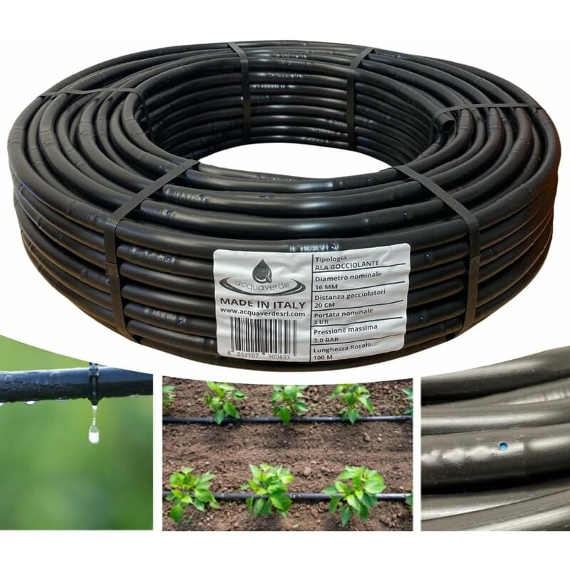foto del prodotto ala gocciolante 16 mm passo 20 cm con gocciolatore doppio foro, rotolo da 100 mt, tubo in polietilene per irrigazione a goccia, nero orto facile