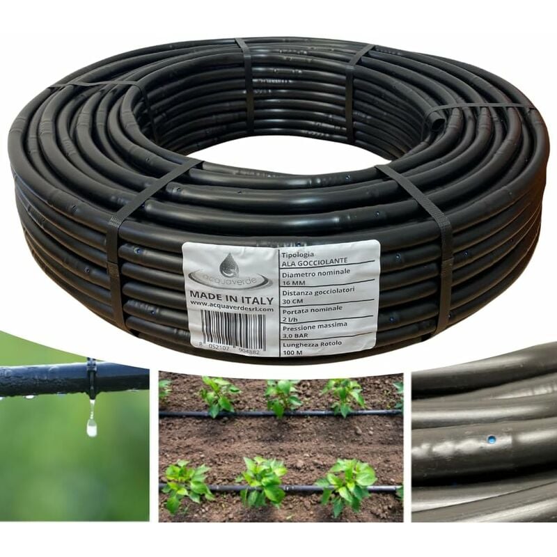 foto del prodotto ala gocciolante 16 mm passo 30 cm con gocciolatore doppio foro, rotolo da 100 mt, tubo in polietilene per irrigazione a goccia, nero orto facile
