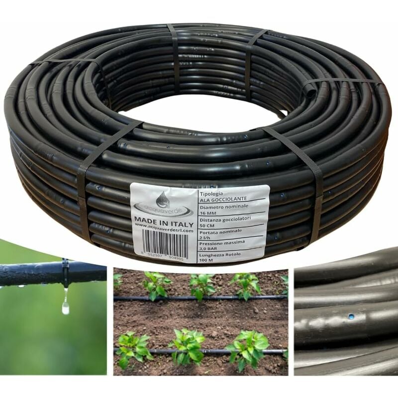foto del prodotto ala gocciolante 16 mm passo 50 cm con gocciolatore doppio foro, rotolo da 100 mt, tubo in polietilene per irrigazione a goccia, nero orto facile