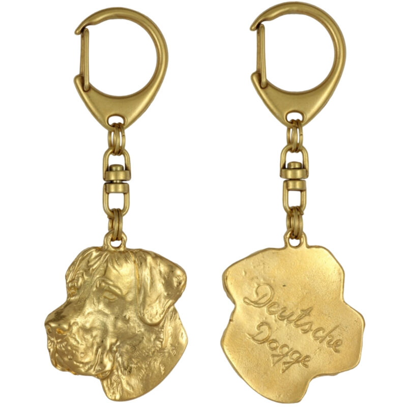 foto del prodotto alano ii portachiavi placcato oro con un cane in una scatola regalo, decorazione per borsa, accessorio di lusso di art dog
