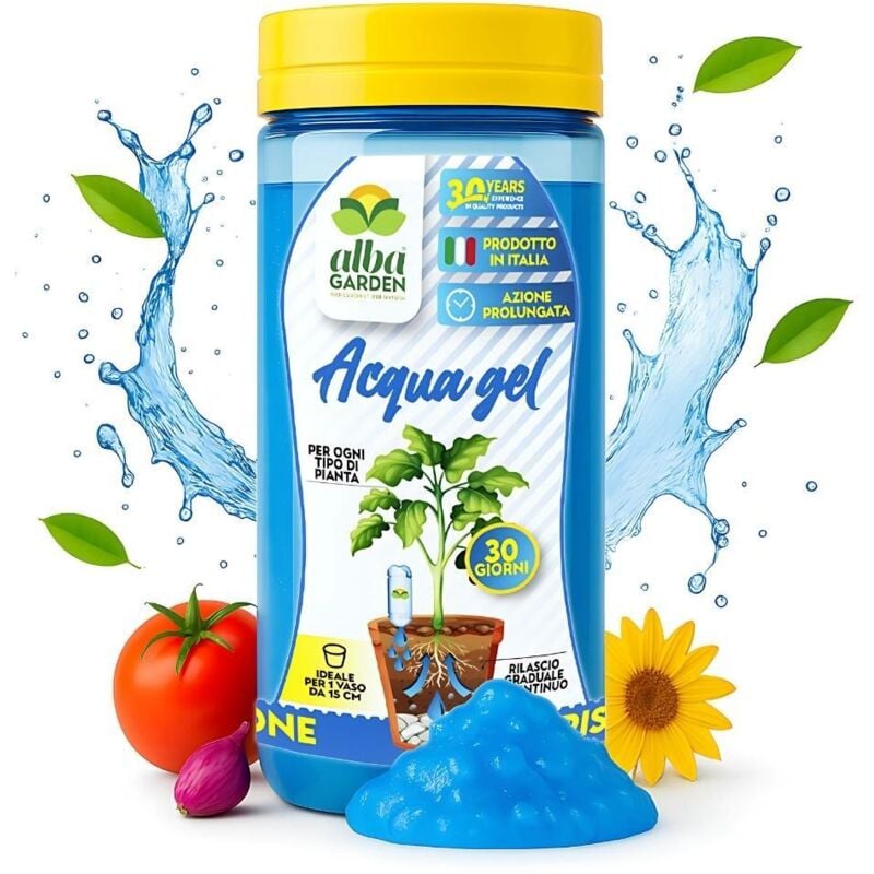 foto del prodotto albagarden acqua gel innovativo, idratante nutriente, biologico, per piante assicura umidit costante del terreno fino a 30 giorni rilascio