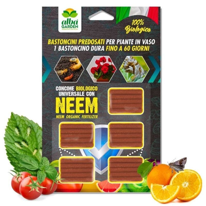 foto del prodotto albagarden concime biologico universale bastoncini di neem predosati, dura fino a 60 giorni, pi resistenza a insetti e malattie x 50 g 25 pz 