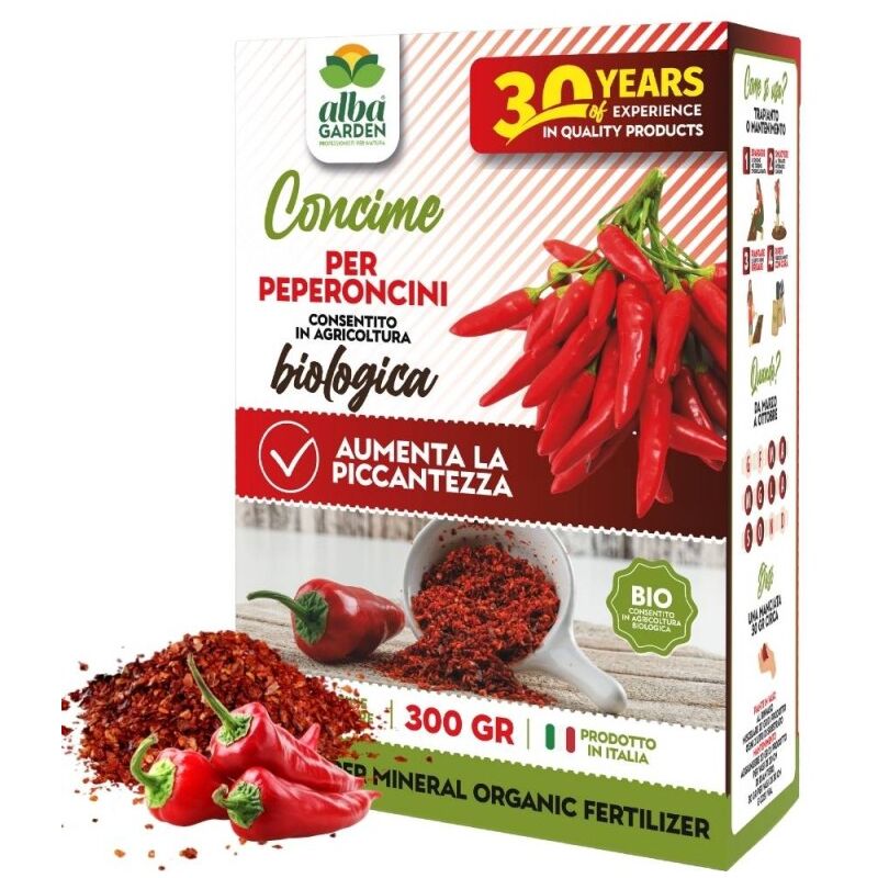 foto del prodotto albagarden concime fertilizzante granulare biologico specifico per peperoncini migliora sapore e piccantezza x 300 g