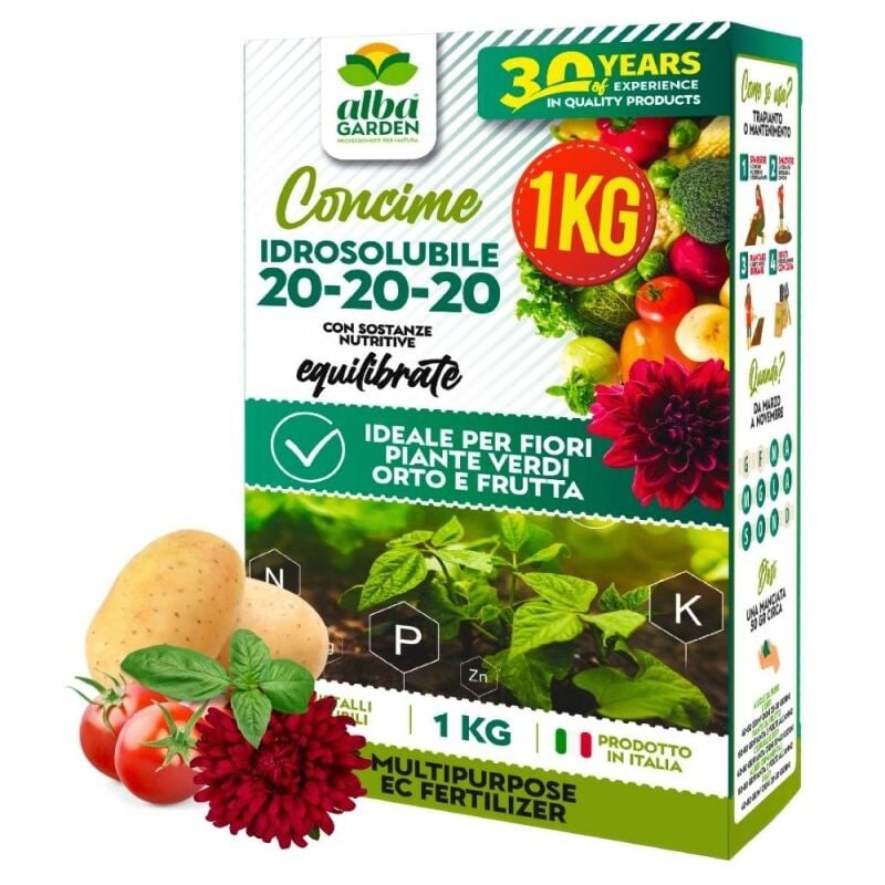 foto del prodotto albagarden concime naturale idrosolubile nutriente con rapporto bilanciato npk 20 20 20 per fiori piante verdi orto e frutta x 1 kg
