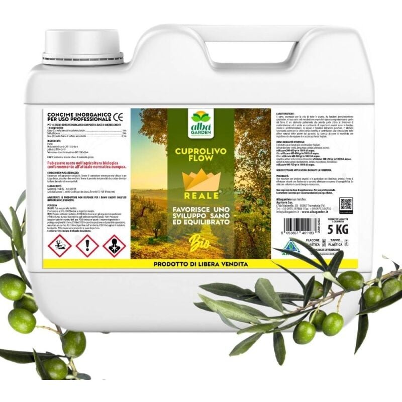 foto del prodotto albagarden cuprolivo flow rame zolfo fungicida bio contro oidio mal bianco peronospora ticchiolatura per olivo vite agrumi x 5 kg