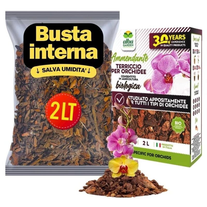 foto del prodotto albagarden terriccio orchidee biologico substrato bark per orchidee specifico composizione equilibrata a base di corteccia di pino e torba x 2 lt