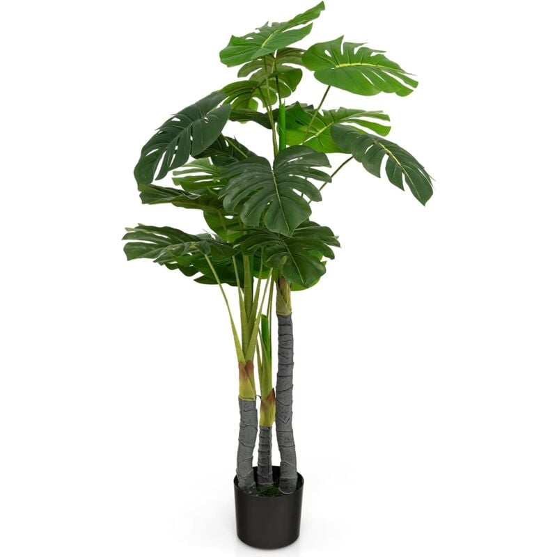 foto del prodotto albero artificiale 120 cm, pianta finta monstera con 20 foglie grandi, 3 tronchi e muschio realistico, pianta decorativa sempreverde con vaso goplus