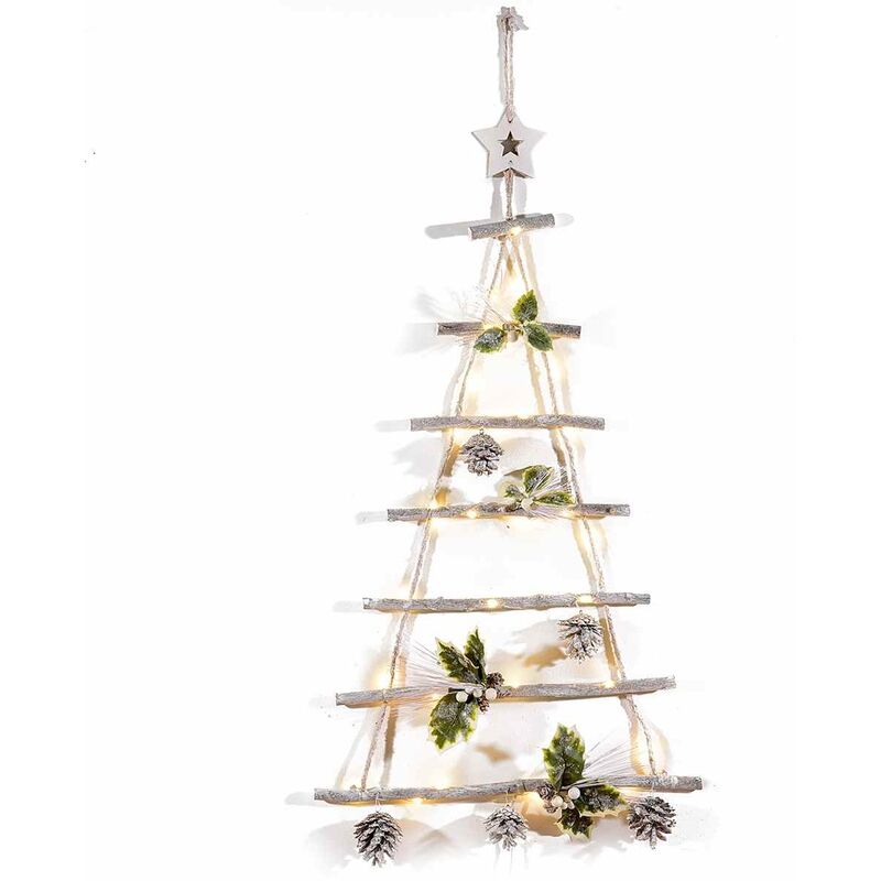 foto del prodotto albero di natale da parete luminoso addobbato da appendere ghirlanda artigianale natalizia a forma di albero stilizzato in legno altezza 74 cm