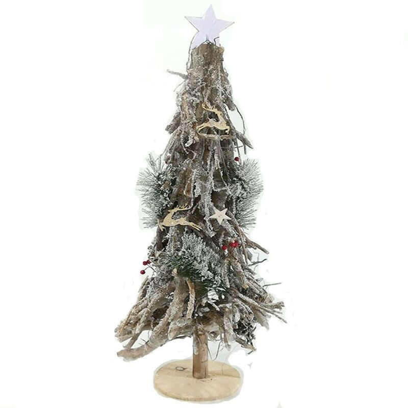 foto del prodotto albero di natale in legno bianco innevato luce calda particolare luminoso cm65 a batterie