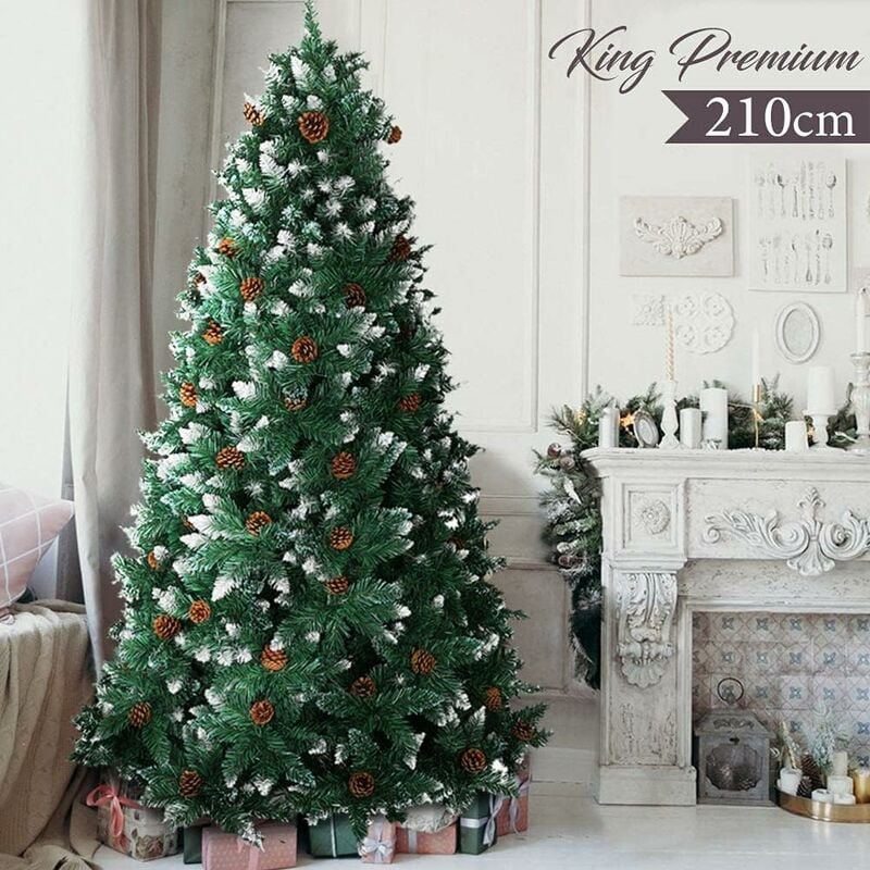 foto del prodotto albero di natale innevato king premium 210cm 1178 rami con pigne e base legno