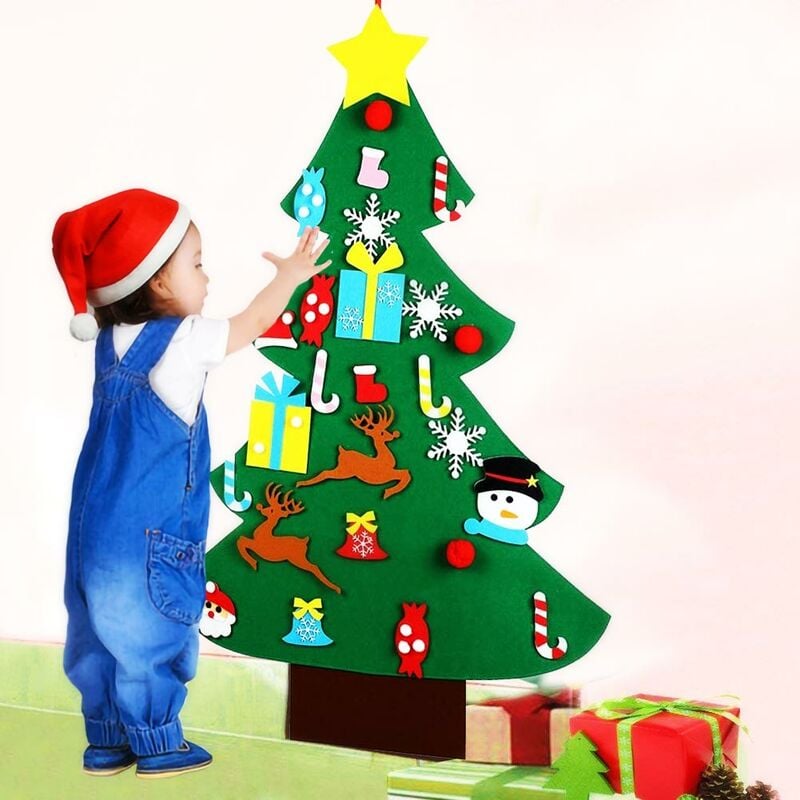 foto del prodotto albero di natale per bambini in feltro da parete con 26 addobbi natalizi 110cm