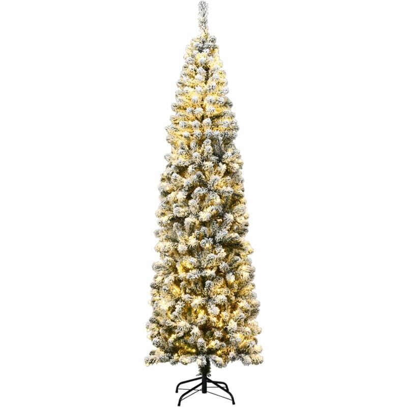 foto del prodotto albero di natale slim 135 180 225 cm, albero di natale innevato con 150 250 350 luci led, 242 500 641 rami e base di metallo, decorazione natalizia
