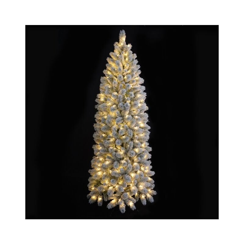 foto del prodotto albero di natale slim bianco innevato alto 210 con 300 luci led incorporate folto con 473 punte elegante apertura ad ombrello