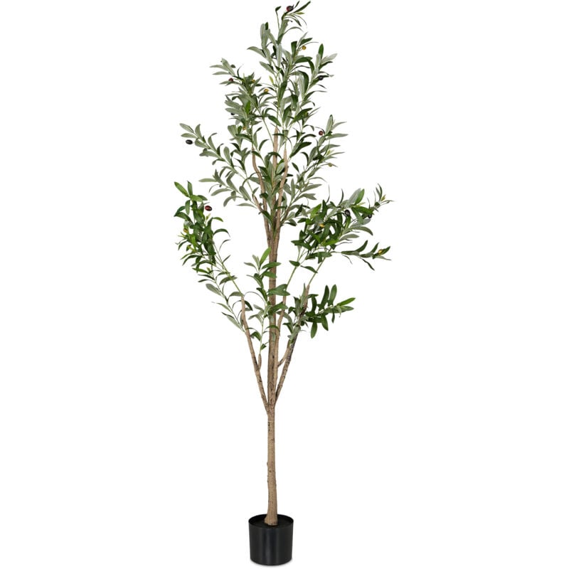 foto del prodotto albero di ulivo finto, pianta artificiale olivo h 180 cm, plastica e pietra, piantina interni, verde marrone relaxdays