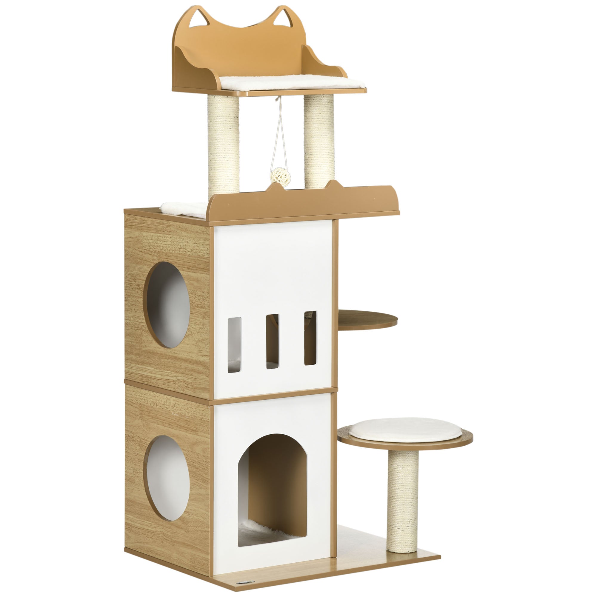 foto del prodotto albero per gatti con tiragraffi 60x48x133 cm 2 casette posatoi e pallina gioco in mdf peluche e sisal rovere e bianco