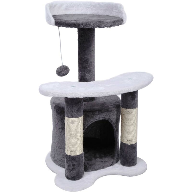 foto del prodotto albero tiragraffi 67 cm grigio bianco con sisal, piattaforma, nicchia e pallina