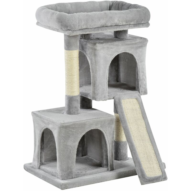 foto del prodotto albero tiragraffi con lettino e 2 casette 59x39x83 cm pali in sisal grigio