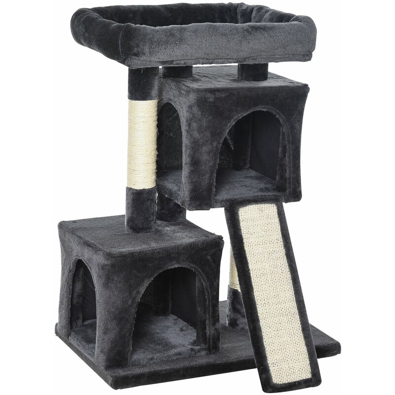 foto del prodotto albero tiragraffi con lettino e 2 casette 59x39x83 cm pali in sisal nero