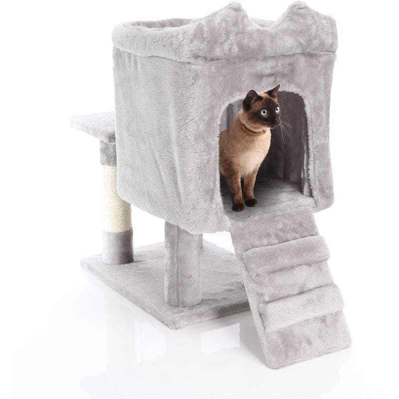 foto del prodotto albero tiragraffi grigio chiaro 60cm con casetta per gatti, tronco e sisal fudajo