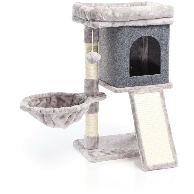 foto del prodotto albero tiragraffi grigio con sisal 71,5cm con graffiatoio cuccia, nicchia e pallina per gatti fudajo