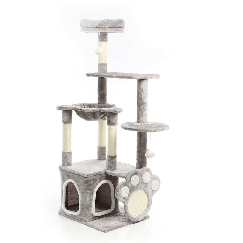 foto del prodotto albero tiragraffi grigio con zampa 135cm con sisal e casetta cuccia per gatti nicchia fudajo
