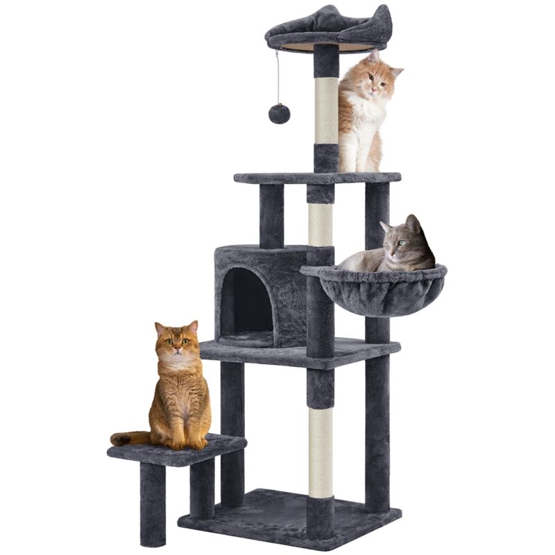 foto del prodotto albero tiragraffi in sisal naturale e truciolato 48,5 cm 40,5 cm 145 cm torre per gatti con posatoio gioco condominio scuro grigio yaheetech