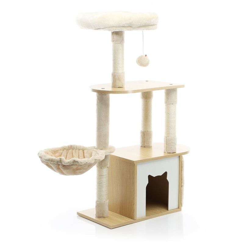 foto del prodotto albero tiragraffi legno beige 106cm con casetta per gatti, colonne in sisal e cucce fudajo