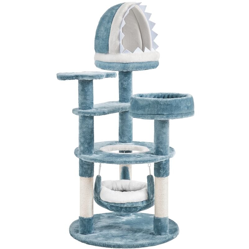 foto del prodotto albero tiragraffi per gatti 115 cm con 2 posatoi amaca cuccia a forma di squalo corda di sisal naturale stile oceano gioco blu bianco yaheetech