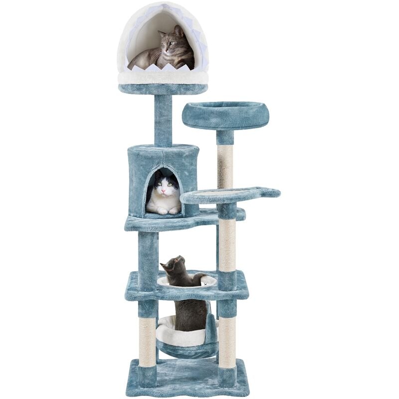foto del prodotto albero tiragraffi per gatti 155 cm cuccia a forma di squalo posatoio amaca corda di sisal naturale stile oceano gioco blu bianco yaheetech