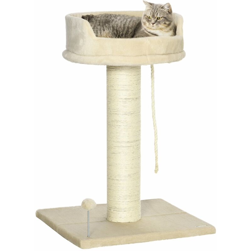 foto del prodotto albero tiragraffi per gatti 55x55x83 cm con lettino e pallina in peluche e sisal beige