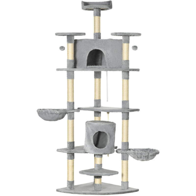 foto del prodotto albero tiragraffi per gatti alto 2m con amache e casette grigio chiaro pawhut