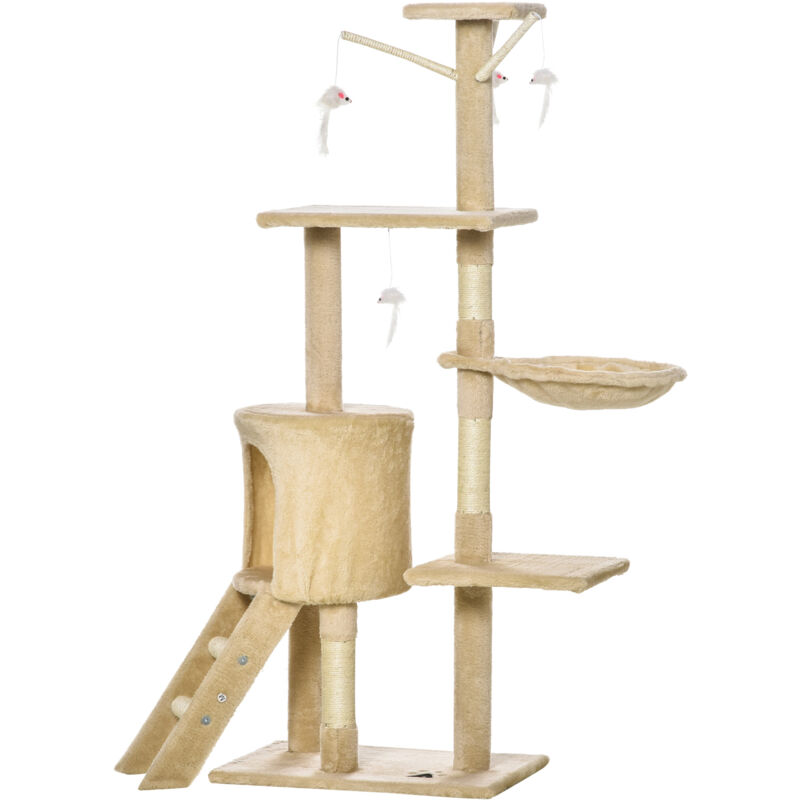 foto del prodotto albero tiragraffi per gatti con 4 giocattoli e cuccia in legno pawhut