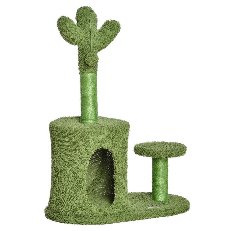 foto del prodotto albero tiragraffi per gatti fino 4.5kg a forma di cactus con palline e cuccia, 60x35x78cm - verde