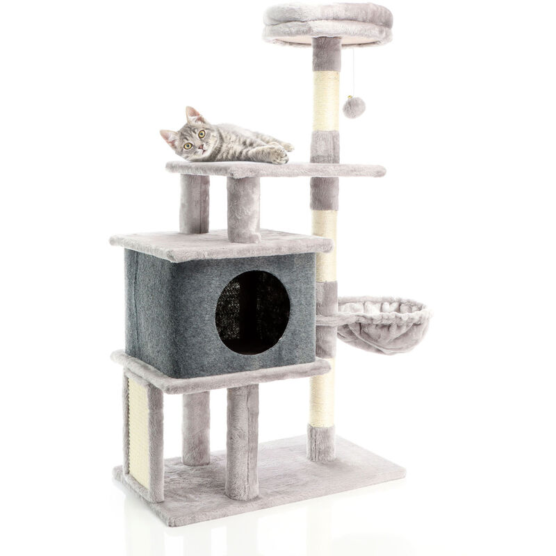 foto del prodotto albero tiragraffi per gatti grigio chiaro 112cm con casetta e lettino fudajo