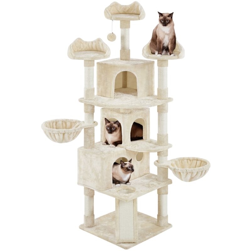 foto del prodotto albero tiragraffi per gatti in truciolato e corda in sisal con 3 casette beige yaheetech