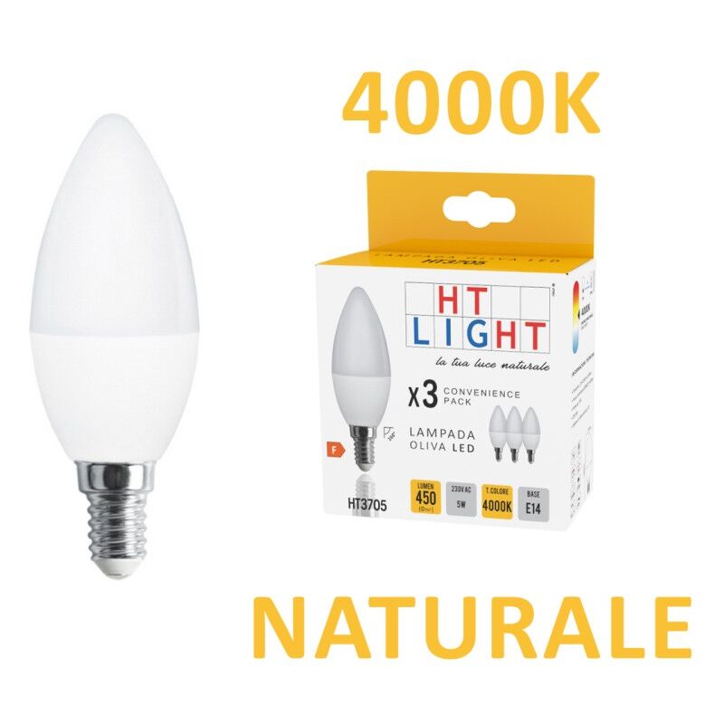 foto del prodotto alca power c37 5w 220v 400lm 4000k e14 lampada mini oliva a led box da 3pz