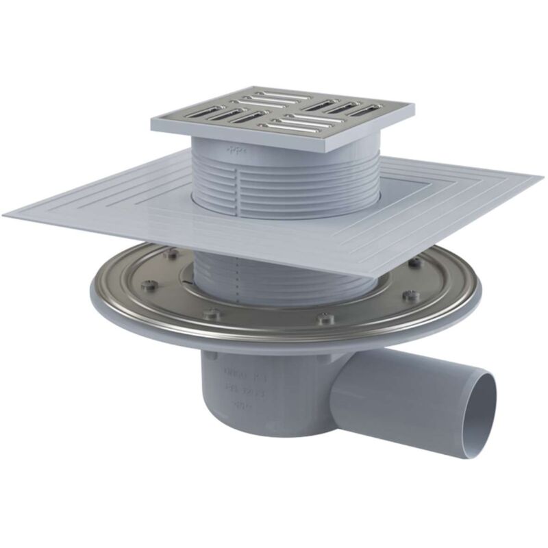 foto del prodotto alcaplast alcadrain pozzetti scarico a pavimento, lato 105x105 mm, diametro 50 mm, 2 livello di isolamento, tappo antiodore smart, acciaio