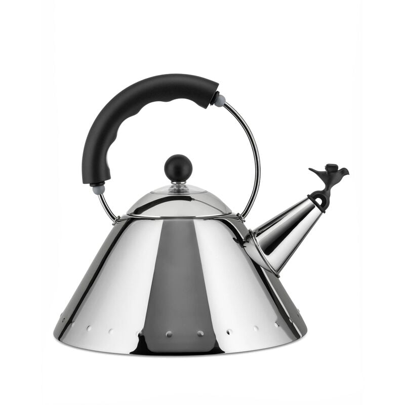 foto del prodotto alessi 9093 b bollitore con manico e fischietto a uccellino di design in acciaio inox, nero