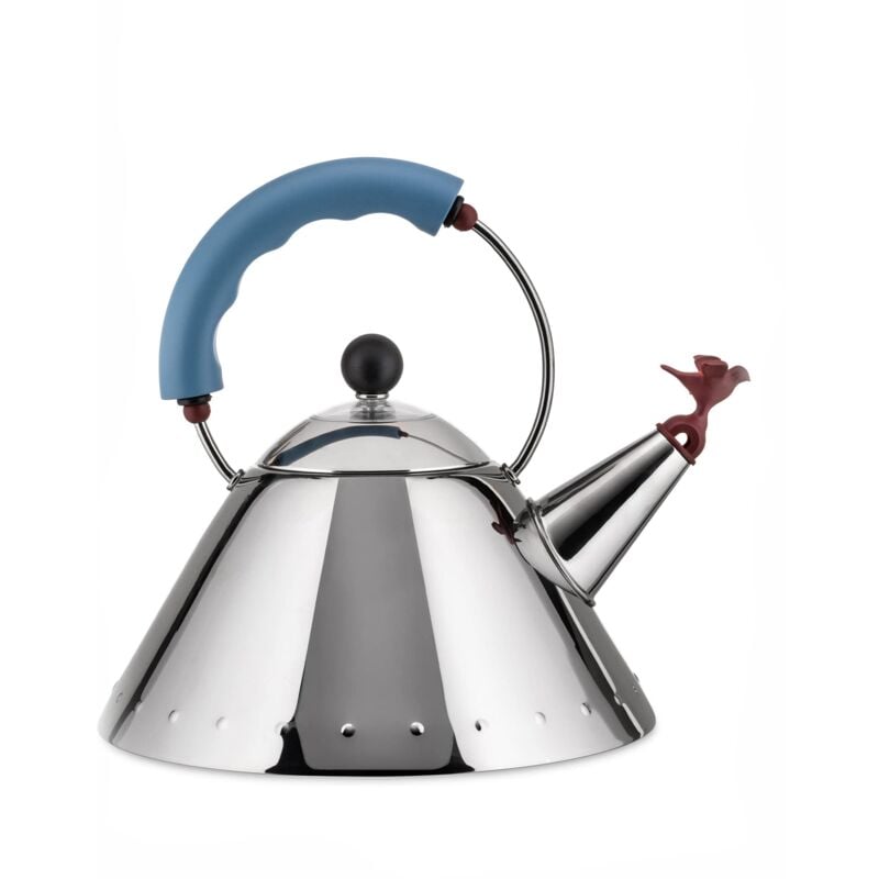 foto del prodotto alessi 9093 bollitore con manico e fischietto a uccellino di design in acciaio inox, azzurro, 21.59 x 21.59 x 22.86 cm, 270 grammi