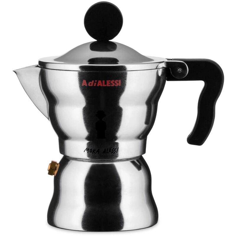 foto del prodotto alessi aam33 1 caffettiera espresso di design, corpo in alluminio, manico e pomolo in resina termoplastica, 1 tazza