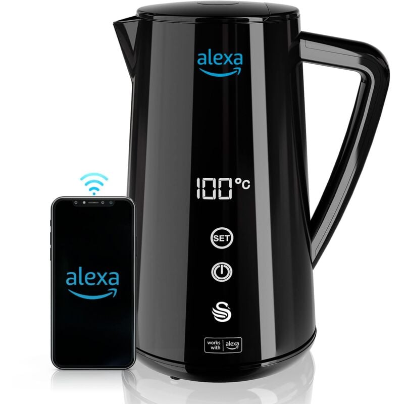foto del prodotto alexa bollitore elettrico intelligente wifi smart kettle 1,5l, temperatura regolabile, nero, senza fili, parete isolata in acciaio inossidabile,