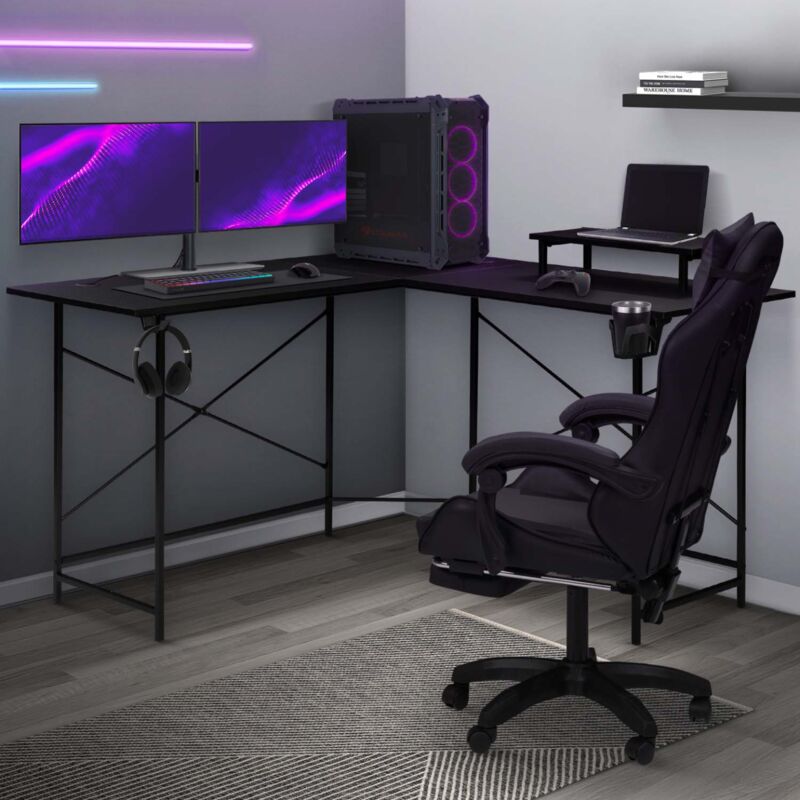 foto del prodotto alexis nero angolo scrivania gioco schermo stand portabicchieri e accessori