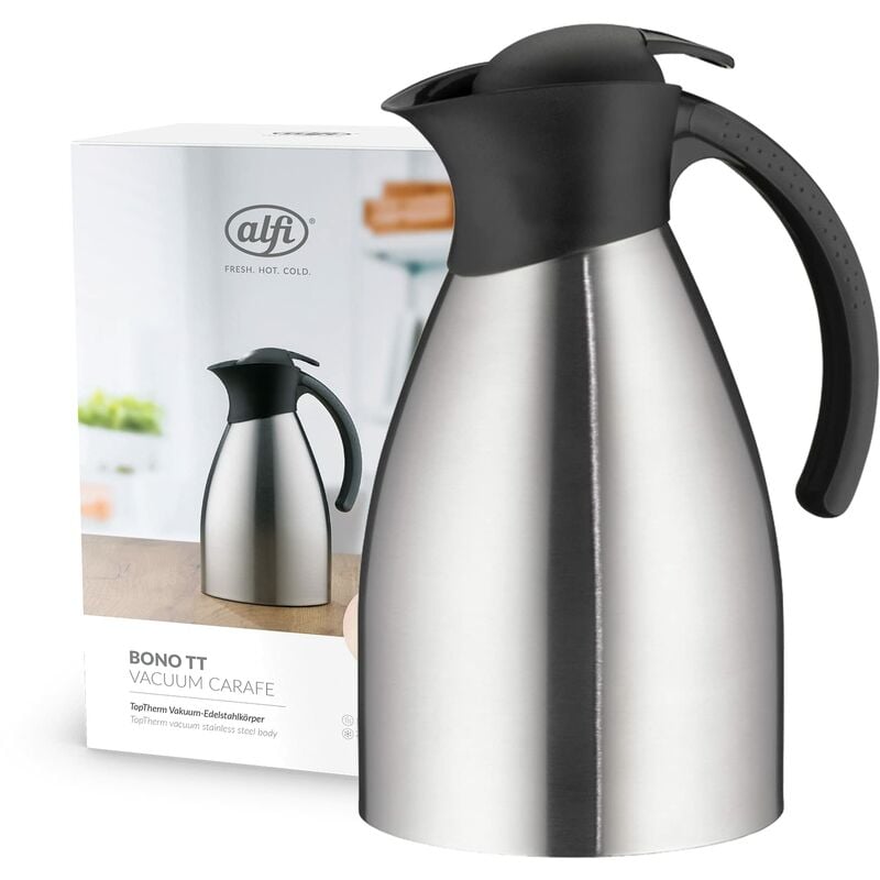 foto del prodotto alfi bono tt 1,5l, caraffa thermos isolante con doppia parete in acciaio, con plastica nera, tiene caldo per 12 ore, freddo per 24 ore, chiusura a