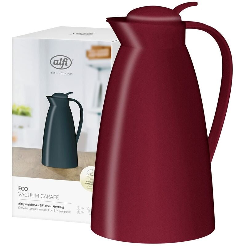 foto del prodotto alfi eco 1,0l, ruby red mat,caraffa thermos con igienico inserto in vetro temprato in plastica, chiusura a vite con pulsante, usabile con una sola
