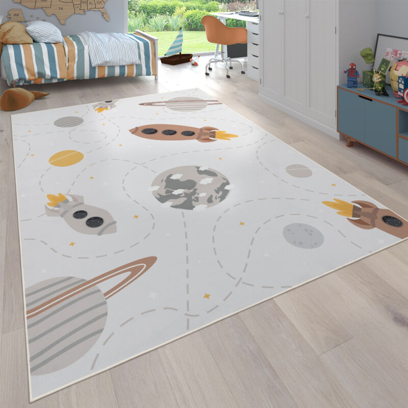 foto del prodotto alfombra de habitacion infantil antideslizante con planeta cohete beige marron amarillo 80x150 cm paco home