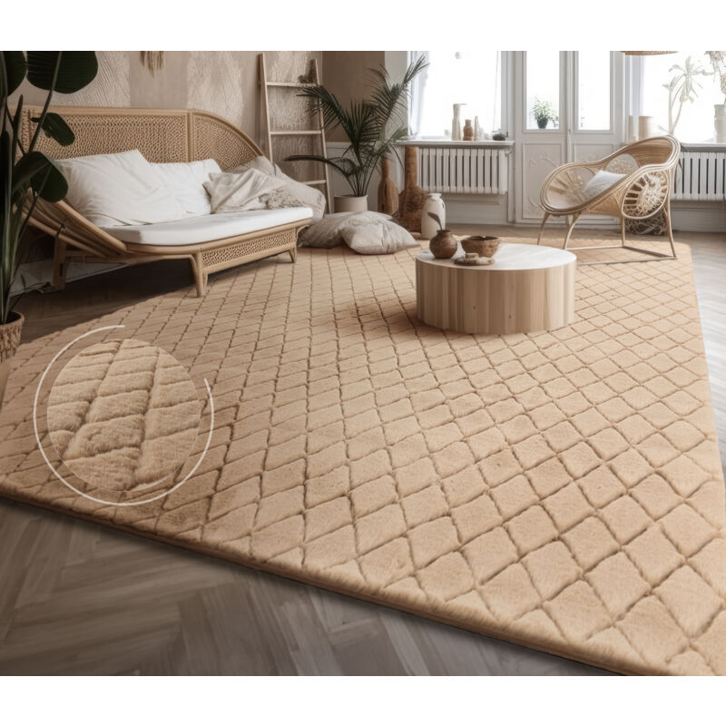 foto del prodotto alfombra de sala con pelo corto, estilo escandinavo abstracto japandi boho, con efecto 3d, uni crema 60x100 cm, beige 2 paco home