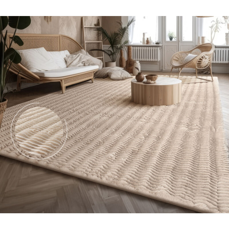 foto del prodotto alfombra de sala con pelo corto, estilo escandinavo abstracto japandi boho, con efecto 3d, uni crema 60x100 cm, crema paco home
